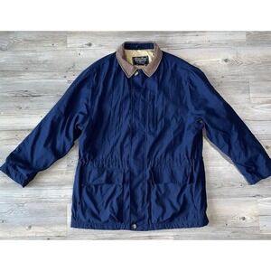 VTG Eddie Bauer Men's L Navy Barn Coat/Field Jacket w/Leather Collar Pockets